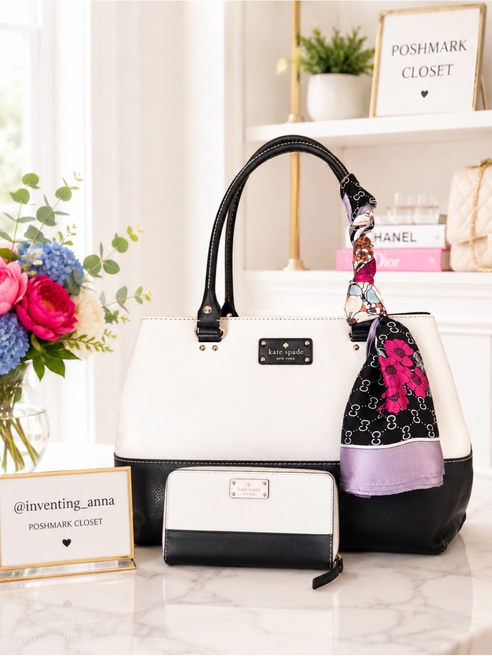♠️ Bag, Wallet and Purse Scarf Set in Classic White w/Black Trimming